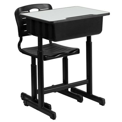 Student Desk & Chair Adjust. Hgt. Black Pedestal Frame 2 Book Bag Backpack hooks