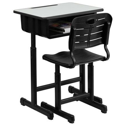 Student Desk & Chair Adjust. Hgt. Black Pedestal Frame 2 Book Bag Backpack hooks