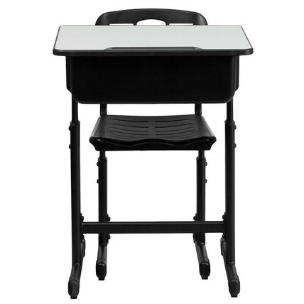 Student Desk & Chair Adjust. Hgt. Black Pedestal Frame 2 Book Bag Backpack hooks