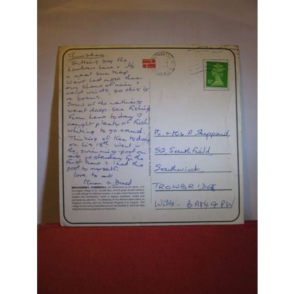 greetings from MEVAGISSEY, CORNWALL . used postcard by John Hinde 1996? pm =