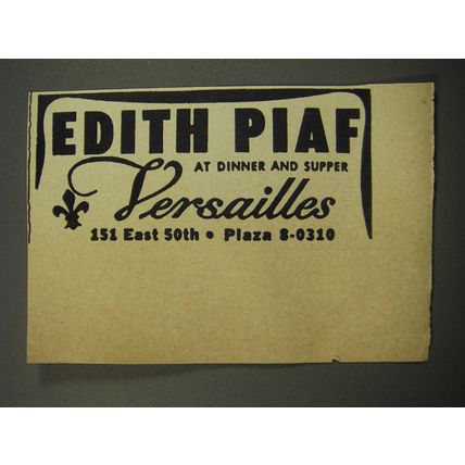 1955 Versailles Restaurant Ad - Edith Piaf at dinner and supper