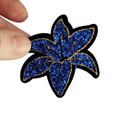 Iron On Flower Patch Sew Patches Sequin Glitter Lilly Blue Gold 7cm x 6cm P242