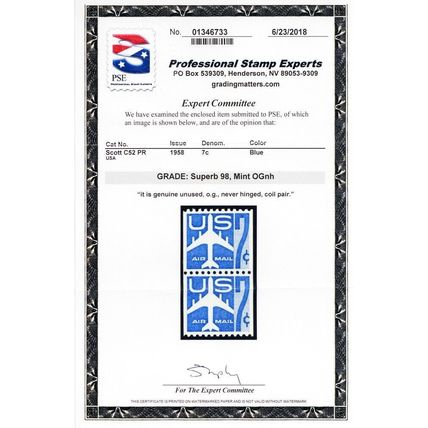 C52, Mint NH Superb 7¢ Pair With Graded 98 PSE Certificate Stuart Katz