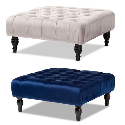 Royal Blue / Slate Gray Velvet Square Tufted Cocktail Ottoman Coffee Table 35.3"