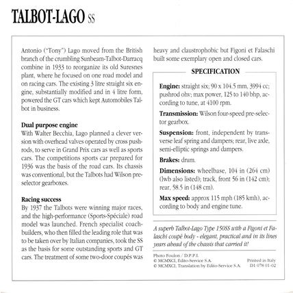 Collectors Club card. Classic Cars. Talbot-Lago SS