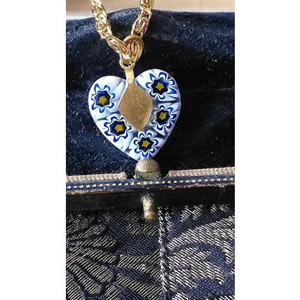 Vintage 1990-s Murano Glass Millefiori Heart Pendant on 18K GP Chain- Beautiful!