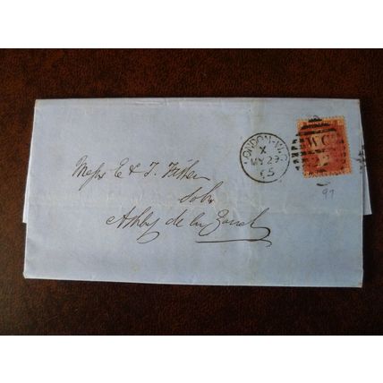 1865 GB QV 1d Red stamp CR Plate 97 entire Fisher Solicitors Ashby de la Zouch