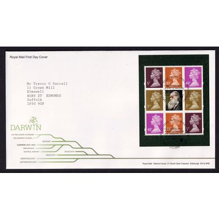 Great Britain QEII 2009 FDC Charles Darwin Prestige Pane Shrewsbury Postmark