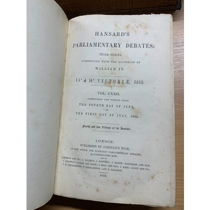 RARE* 1852 "HANSARD'S PARLIAMENTARY DEBATES FOR THE YEAR 1852" 1.3kg BOOK (P7)