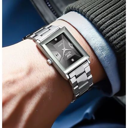 Gents Black Square Face Waterproof Silver Stainless Steel Bracelet Watch BOXED