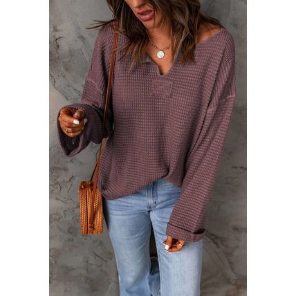 purple Waffle Knit Loose Long Sleeve Top
