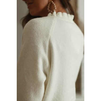 Beige Frill Trim Buttoned Knit Pullover Sweater