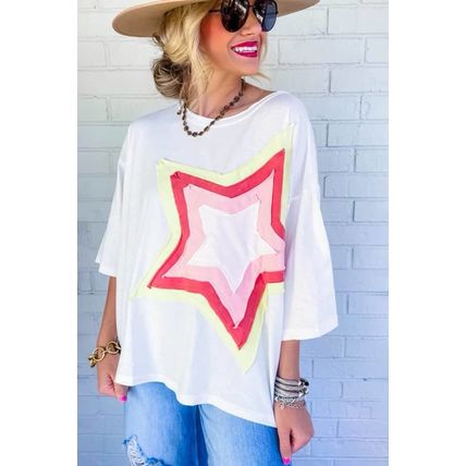 White Colorblock Star Patched Half Sleeve Oversized Tee