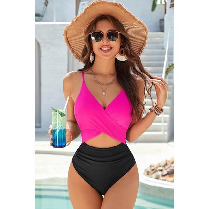 Rose Red Crossover Colorblock Cutout One Piece Swimsuit