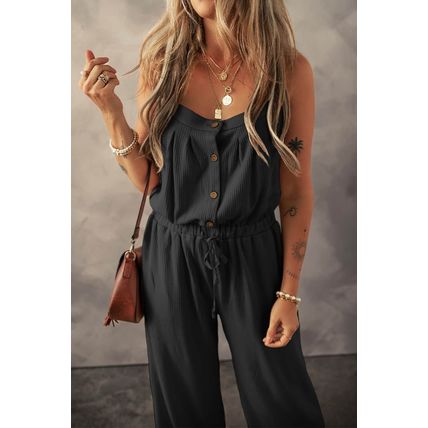 Black Knotted Straps Button Textured Drawstring Jumpsuit