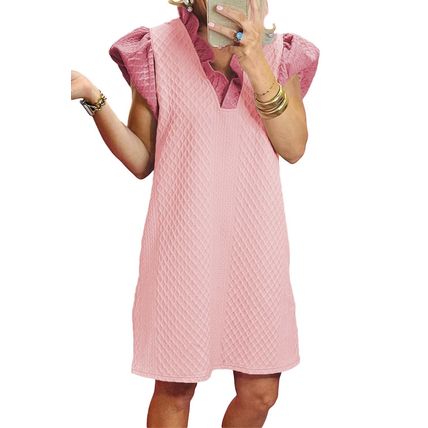 Light Pink Textured Puff Sleeve Ruffled V Neck Shift Mini Dress