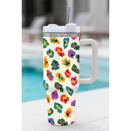 White Multi Color Leopard Print Handle Stainless Tumbler 40oz