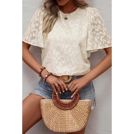 Beige Elegant Jacquard Butterfly Sleeve Blouse