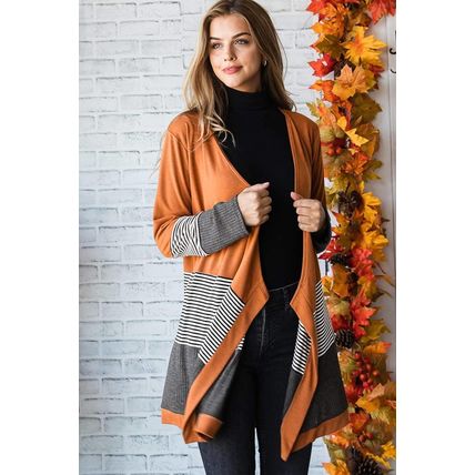 Orange Colorblock Striped Patchwork Open Cardigan