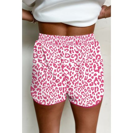 Pink Leopard Elastic Waist Lace up Contrast Trim Casual Shorts