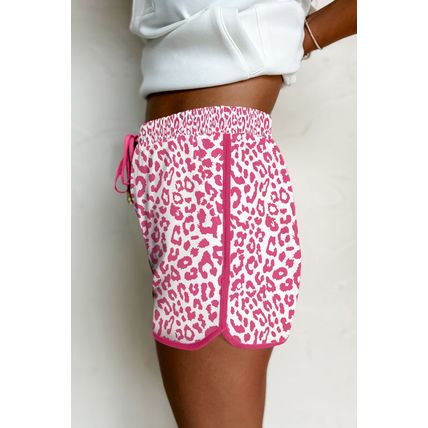 Pink Leopard Elastic Waist Lace up Contrast Trim Casual Shorts