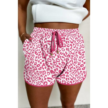 Pink Leopard Elastic Waist Lace up Contrast Trim Casual Shorts