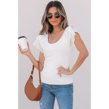 White Eyelet Ruffle Sleeve Slim Fitted Top
