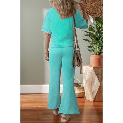 Mint Green Acid Wash Star Patched Rolled Trim Pants Set