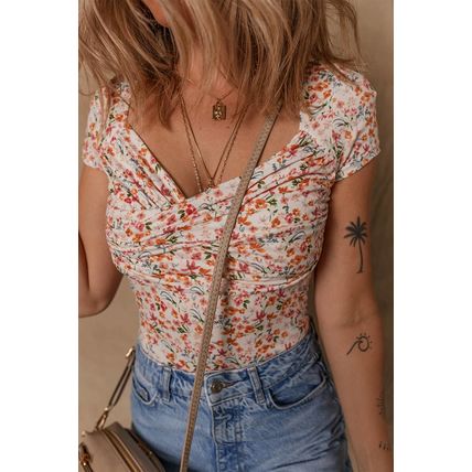 Orange Short Sleeve Floral Ruched Sweetheart Bodysuit