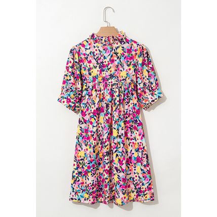 Pink Floral Puff Short Sleeve V Neck Mini Dress
