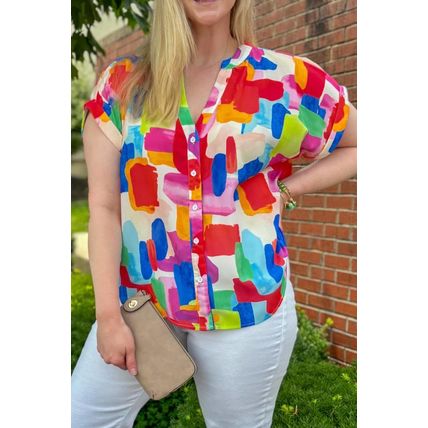 Colorful Brush Stroke Printed Plus Size Button Split Neck Blouse