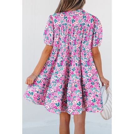 Pink Floral Collared Half Placket Short Sleeve Loose Dress