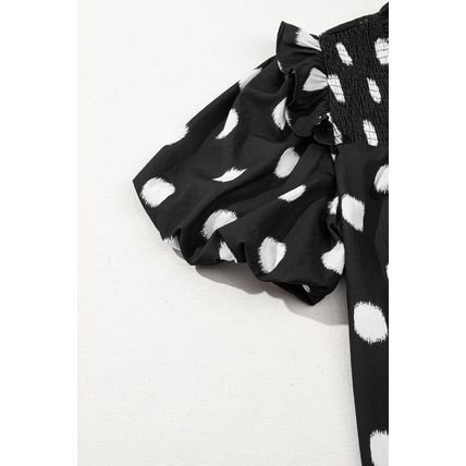 Black Polka Dot Print Shirred Yoke Notched Neck Balloon Sleeve Blouse
