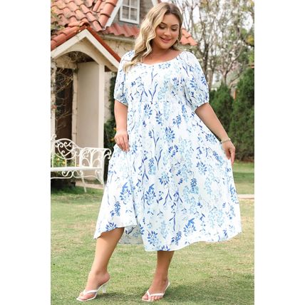 Sky Blue Floral Print Sweetheart Neck Plus Size Midi Dress