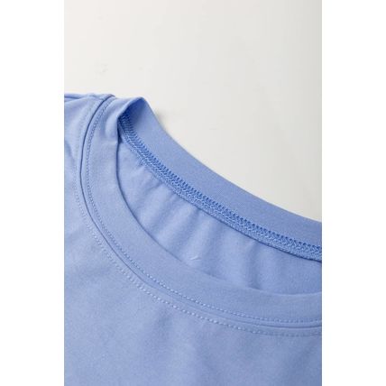 Sky Blue Flower Patched Exposed Stitching Trim Crew Neck Loose Tee