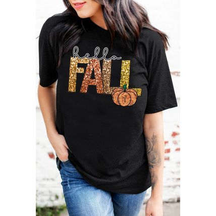Black Hello Fall Letter Pumpkin Printed Thanksgiving T Shirt