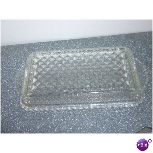 Vintage Diamond Cut Glass Butter Dish w/Scalloped Edges