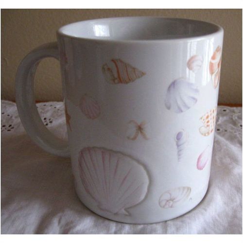 White Coffee / Tea Mug With A Variety Of Seashells In Various Sizes
