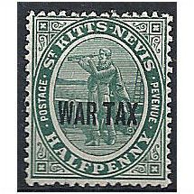 St Kitts Nevis 1916 SG22a 1/2d Deep Green WAR TAX Mounted Mint . .