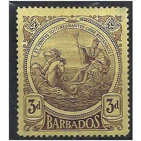 Barbados 1916 SG186 3d Purple/Yellow Thin Paper Mounted Mint . ..