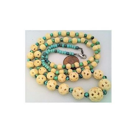 Carved Bead Turquoise Beaded Gemstone Necklace