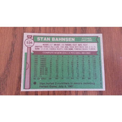 1976 Topps Card # 534 Stan Bahnsen Very Good-Excellent (4) Oakland Athletics