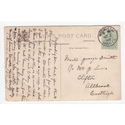 1908 Wickham Hants Single Ring Postmark on Postcard