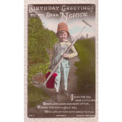 Boy Garden Rake Hat Gardening Real Photo Antique Happy Birthday Nephew Postcard