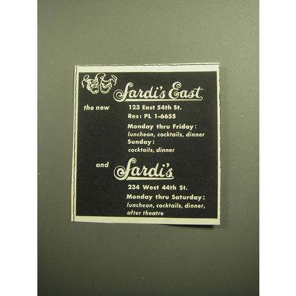 1958 Sardi's East and Sardi's Restaurants Advertisement