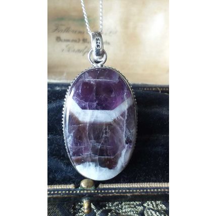 Vintage 1990-s 925 Silver Large Raw Amethyst Pendant on 20 inch Chain