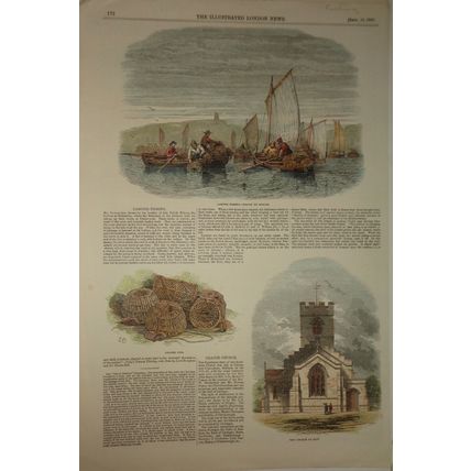 LOBSTER FISHING / CRANOE CHURCH [Hand-colored] - ILLUSTRATED LONDON NEWS - 1847