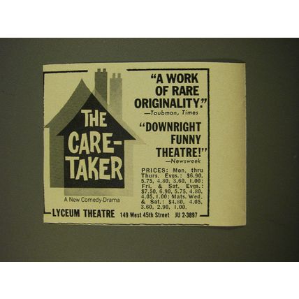 1961 The Care-Taker Play Advertisement - A Work of rare originality