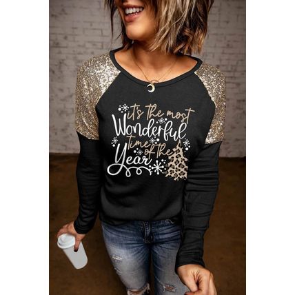 Black Wonderful Christmas Season Graphic Sequin Shoulder Top