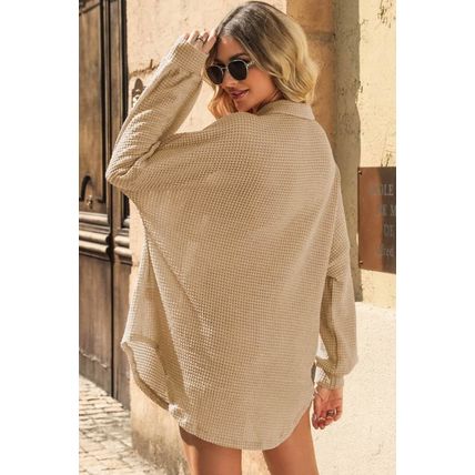 Khaki Waffle Knit Button Up Casual Shirt